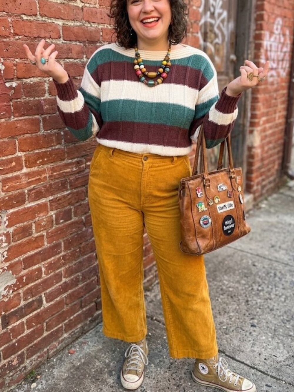 Fashion Workshop 90s Style Striped Ribbed Knit Sweater M Sage Brown Cottagecore